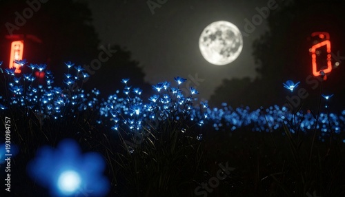 Enchanting Moonlit Field of Glowing Blue Flowers Under a Full Moon with Asian Lanterns
