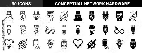 Hybrid connectivity symbols merging data hardware with organic and mechanical concepts in both outline and solid glyph styles for networking and power infrastructure