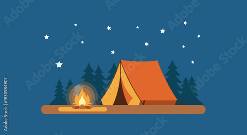 Camping Tent with Campfire under Stars.
