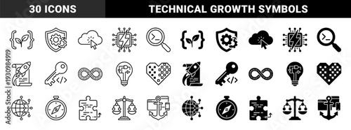 Hybrid digital development icons featuring circuit board heart global network connectivity scales of justice and leaf coding brackets in outline and solid styles