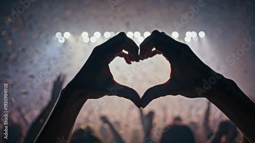 hands in the shape of a heart against the backdrop of a disco or concert, confetti