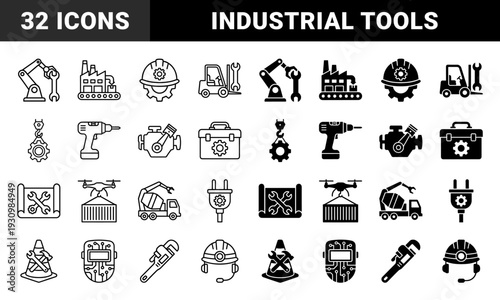 Industrial manufacturing and construction engineering symbols featuring hybrid mechanics with integrated gear systems and heavy machinery equipment icons