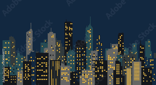 City Skyline at Night with Illuminated Skyscrapers.