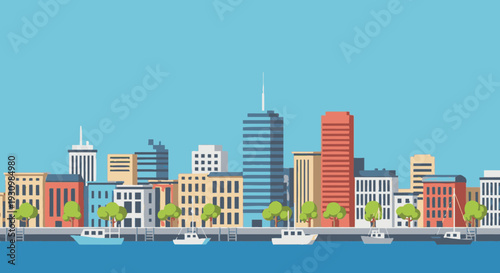 City Skyline with Modern Buildings and Boats.