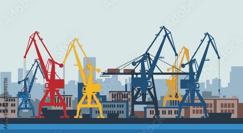 Colorful cranes in a port illustration.