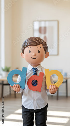 boy holding colorful letters in a bright office