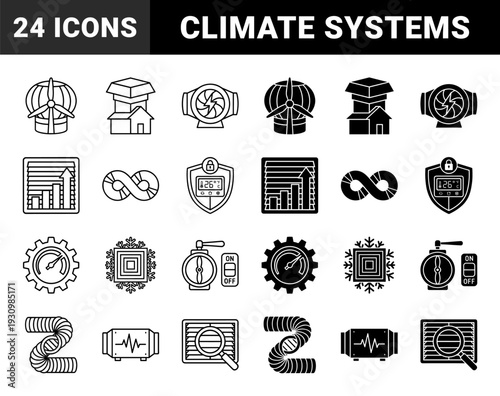 HVAC Ventilation and Climate Control Hybrid Symbols featuring Airflow Turbines Smart Thermostats Ductwork Systems and Energy Efficiency Sensors