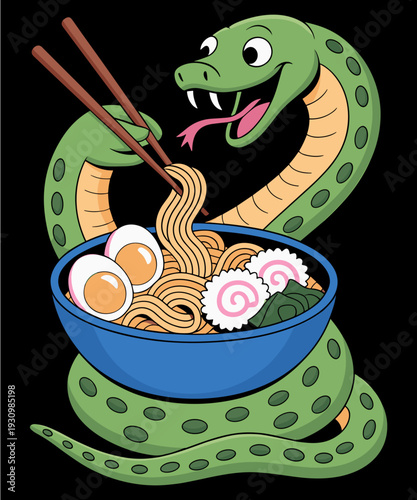 Funny Snake Eating Ramen Noodles Japanese
