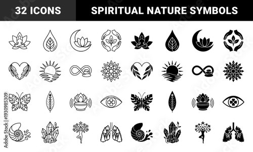 Holistic wellness symbols merging nature and spirituality featuring lotus meditation figures solar waves celestial moons and botanical chakra leaves