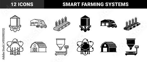 Agricultural Supply Chain and Smart Farming Industrial Symbols Featuring Grain Silos Integrated with Gear Mechanisms and Automated Conveyor Systems