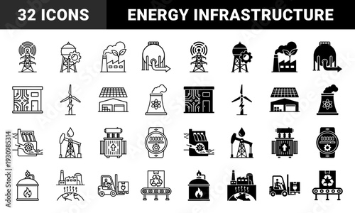 Industrial energy infrastructure and power generation symbols featuring hybrid dual stroke and solid black styles for sustainable utility management and resource production