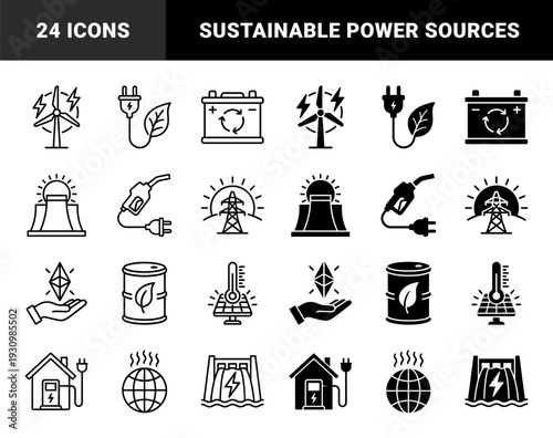 Sustainable energy hybrid icons featuring wind turbine lightning bolt solar thermal power plant plug leaf battery recycling fuel pump and global warming metaphors