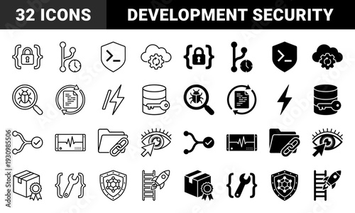 Software development and cybersecurity hybrid icons featuring combined symbols for data encryption code debugging and cloud infrastructure management