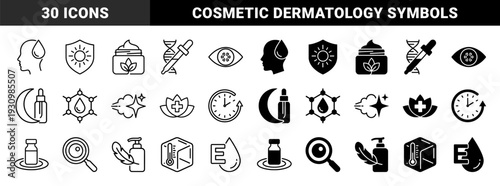 Skincare and dermatology hybrid symbols featuring solar protection shields dna pipette serums and botanical facial treatment line and solid graphics