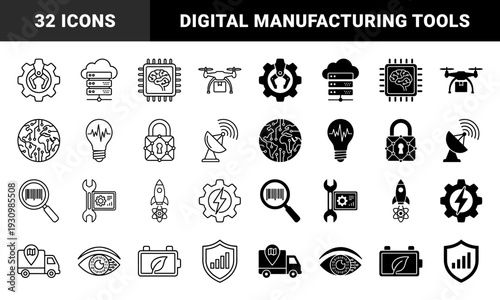 Hybrid industrial technology icons merging digital and physical elements including robotic gears cloud servers circuit globes and smart energy sensors