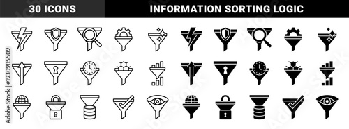 Collection of hybrid data funnel symbols merging filtration silhouettes with lightning bolts shields magnifying glasses gears and security locks