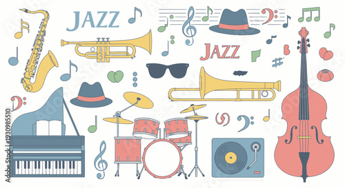 Vibrant Jazz Music Instruments Collection on Bright Studio Background