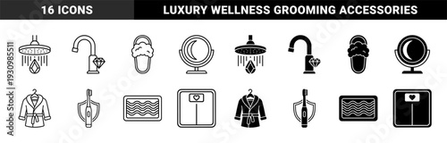 Luxury bathroom amenities and personal care essentials featuring hybrid graphic motifs of diamonds and protective shields in outline and solid styles