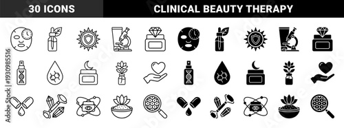 Dermatology and skincare icon set featuring hybrid symbols combining lab science equipment with organic botanical extracts and clinical beauty treatments