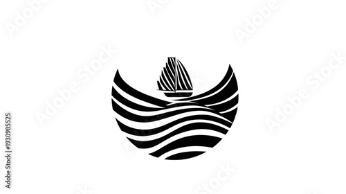 A nautical-themed graphic featuring a sailboat sailing on wavy water within a stylized crescent shape