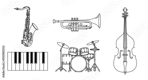 Detailed Line Art Collection of Classical and Jazz Musical Instruments on Isolated White Background