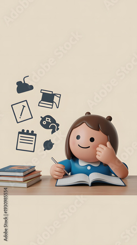 cartoon girl sitting at desk with book and thinking about ideas