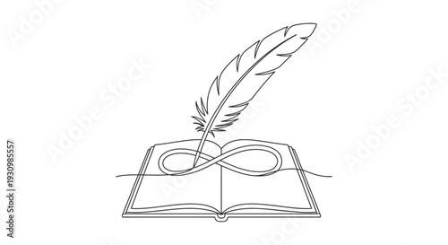 Continuous Line Art of Feather Pen Resting on Open Book on Isolated White Background