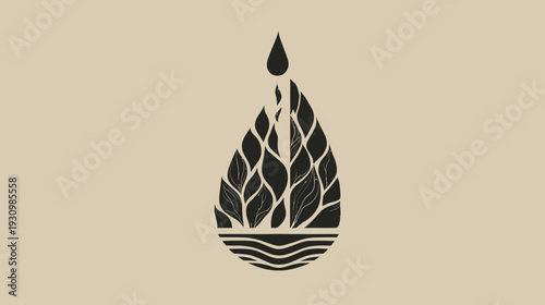 Illustration of a drop-shaped design with internal organic forms and a stylized water at the base
