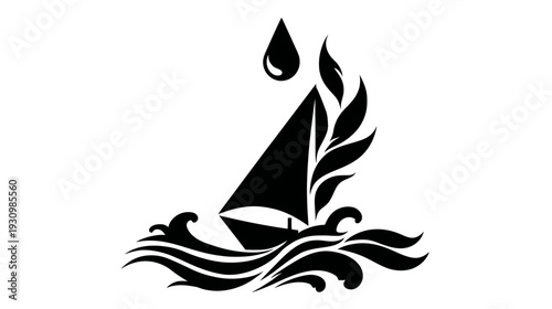 A monochrome illustration features a sailboat navigating waves with a leaf design and a water droplet above