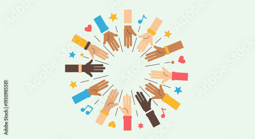 Diverse Hands Reaching Inward in a Circle with Musical Notes and Stars on Bright Green Background