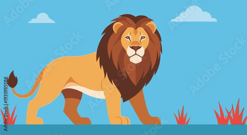 Lion Cartoon Illustration with Mane and Tail.