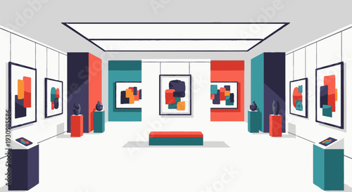 Modern Art Gallery with Abstract Paintings Displayed.