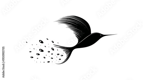 Silhouetted black hummingbird in flight, stylized with a trail of detached circular shapes