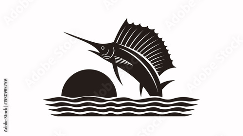 A stylized image of a fish leaping from the water against a setting sun