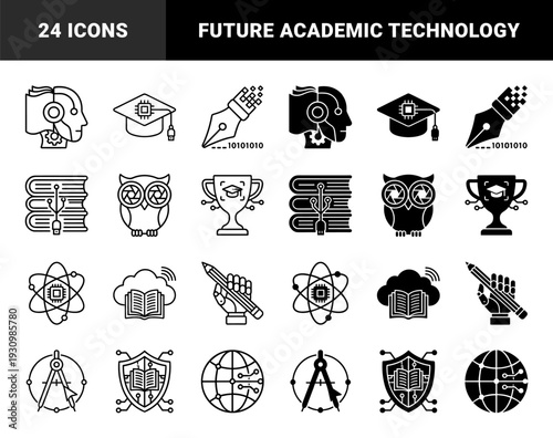 Hybrid education and artificial intelligence symbols merging academic elements with digital circuits robotic hands and neural network technology