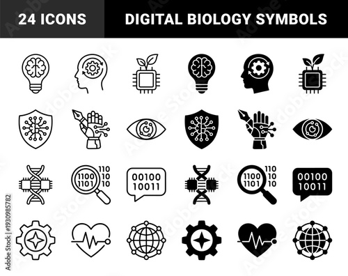 Biotechnology and Artificial Intelligence Hybrid Icon Collection Featuring Neural Networks Genetic Engineering Cybernetic Enhancements and Digital Health Concepts