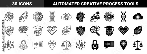 Hybrid Artificial Intelligence Icons Combining Technology with Biology Education Law and Creativity in Line and Solid Glyph Styles for Digital Innovation