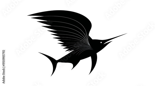 A silhouette of a stylized swordfish with exaggerated fins and a long, pointed bill