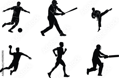 Silhouette of six sportsmen in various athletic poses