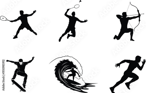Collection of six dynamic sports silhouettes in various athletic poses