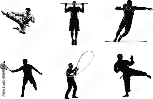 Silhouette illustrations of various sports and fitness activities