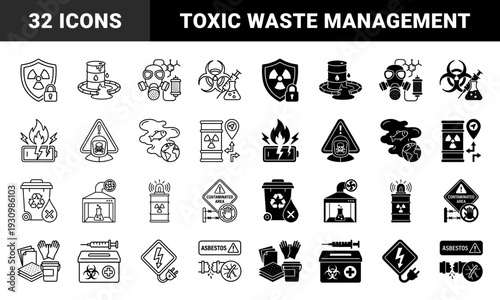 Hazardous waste management and chemical safety symbols featuring hybrid designs for radioactive storage biohazard disposal and industrial toxic spill containment