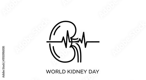 Minimalistic line art of a kidney with a vital heartbeat line for World Kidney Day awareness, isolated white background.