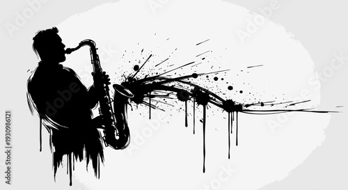 Dynamic silhouette of a man playing saxophone with expressive black paint splatters on a light grey background.