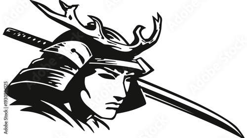 A striking monochrome depiction of a samurai warrior in full ceremonial armor, wielding a katana