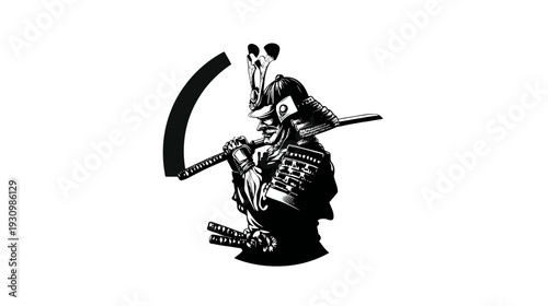A monochrome illustration of a warrior in traditional armor holding two swords