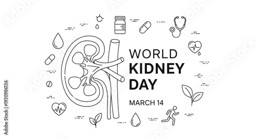 World Kidney Day infographic with line art kidney symbol and medical icons, raising awareness on March 14, isolated white background.