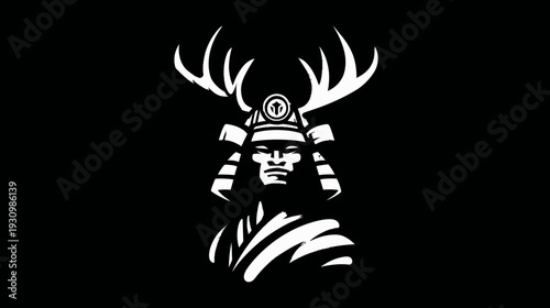Black and white illustration depicts a samurai figure with antlers atop helmet