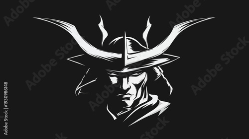 A striking black and white vector illustration of a warrior in traditional headwear
