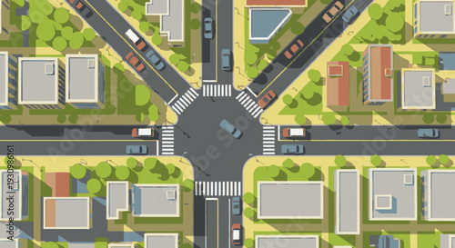 Roundabout Intersection with Buildings and Traffic.